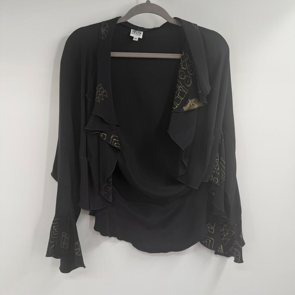 Art of Cloth Silk Blazer Women M Black Artsy Open Lightweight Ruffle Boho Flowy